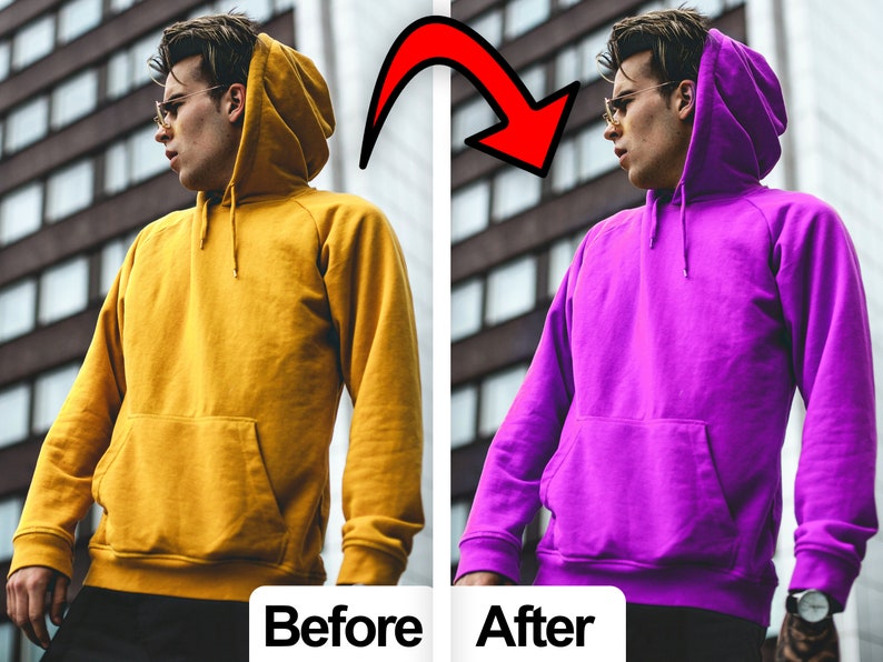K&ouml;nnte beinhalten: Ein geteilter Bildschirmvergleich zeigt einen lang&auml;rmeligen Kapuzenpullover mit einer K&auml;ngurutasche und einer Kapuze mit Kordelzug. Die linke Seite zeigt das Kleidungsst&uuml;ck in Senfgelb, w&auml;hrend die rechte Seite dasselbe Sweatshirt in leuchtendem Lila zeigt.