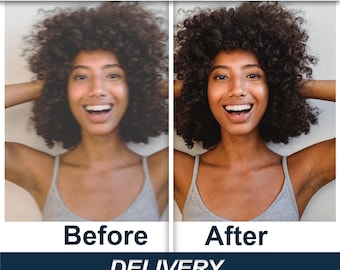 May include: A split-screen comparison showing a blurry, low-resolution portrait on the left labeled Before and a sharp, high-definition version on the right labeled After. The text Enhance Photo and DELIVERY WITHIN 24 HOURS is visible.