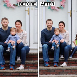 K&ouml;nnte beinhalten: Ein geteiltes Vergleichsbild mit der Beschriftung BEFORE und AFTER, das ein Familienportr&auml;t zeigt. Die linke Seite zeigt zwei Erwachsene und ein Kleinkind auf Backsteinstufen. Die rechte Seite zeigt dieselbe Gruppe mit einem zus&auml;tzlichen Kind.