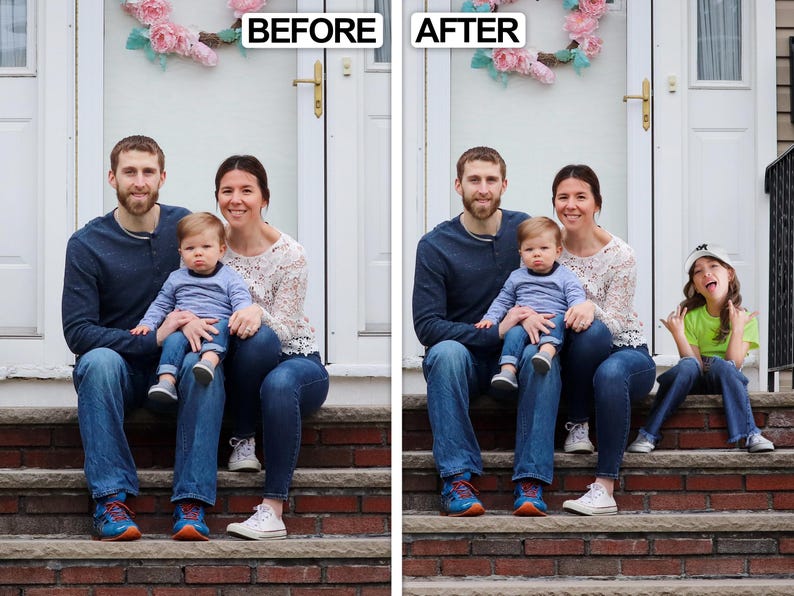 K&ouml;nnte beinhalten: Ein geteiltes Vergleichsbild mit der Beschriftung BEFORE und AFTER, das ein Familienportr&auml;t zeigt. Die linke Seite zeigt zwei Erwachsene und ein Kleinkind auf Backsteinstufen. Die rechte Seite zeigt dieselbe Gruppe mit einem zus&auml;tzlichen Kind.