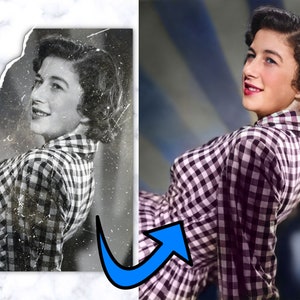 Pu&ograve; includere: Una fotografia in bianco e nero di una donna che indossa una camicia a quadri. La foto &egrave; sbiadita e presenta alcuni danni. La donna sorride e guarda di lato.