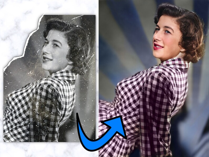 Pu&ograve; includere: Una fotografia in bianco e nero di una donna che indossa una camicia a quadri. La foto &egrave; sbiadita e presenta alcuni danni. La donna sorride e guarda di lato.