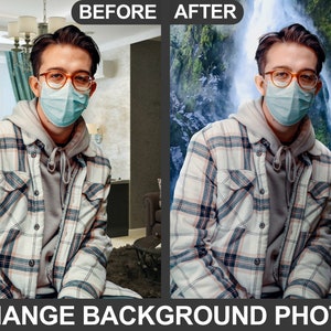 May include: A person wearing a plaid shirt and a blue face mask is standing in front of a waterfall. The background has been digitally altered to show a waterfall.