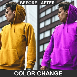 Może przedstawiać: Osoba w żółtej bluzie z kapturem, kaptur założony. Osoba stoi przed budynkiem z oknami. Tekst "WCZEŚNIEJ" znajduje się w lewym górnym rogu obrazu. Tekst "PÓŹNIEJ" znajduje się w prawym górnym rogu obrazu. Tekst "ZMIANA KOLORU" znajduje się w dolnym środku obrazu. Osoba w prawej części obrazu ma na sobie fioletową bluzę z kapturem.