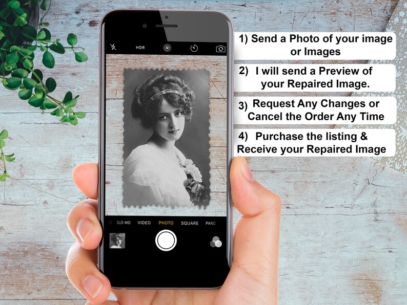 Pu&ograve; includere: Lo schermo di uno smartphone che mostra un servizio di restauro fotografico. I passaggi sono elencati: 1) Invia una foto della tua immagine o delle tue immagini, 2) Ti invier&ograve; un'anteprima della tua immagine riparata, 3) Richiedi eventuali modifiche o annulla l'ordine in qualsiasi momento, 4) Acquista l'elenco e ricevi la tua immagine riparata.