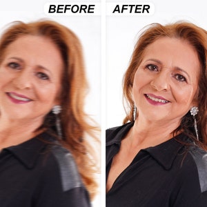 May include: A woman with brown hair is smiling. She is wearing a black collared shirt with a leather patch on the shoulder. The image shows a before and after comparison, with the before image being blurry and the after image being clear.