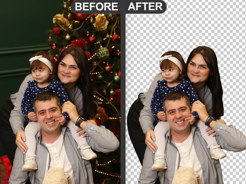 May include: A family of three pose for a photo. A woman and a man are holding a young girl on their shoulders. The girl is wearing a white headband with a bow and a navy blue and white polka dot dress. The woman is wearing a grey sweater and the man is wearing a grey jacket.