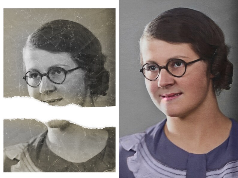 Pu&ograve; includere: Una foto in bianco e nero di una donna con gli occhiali, con una versione a colori della foto mostrata sul lato destro dell'immagine.