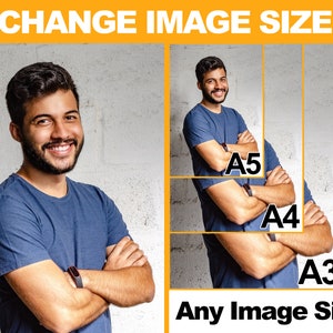Pode incluir: Um homem está em pé em frente a uma parede de tijolos brancos. Ele está vestindo uma camiseta azul e tem os braços cruzados. A imagem mostra diferentes tamanhos de papel, rotulados como A3, A4 e A5. O texto "Change Image Size" está no topo da imagem. O texto "Any Image Size" está na parte inferior da imagem.