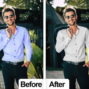 May include: A man wearing a light blue button-down shirt and black pants, with a dark jacket draped over his shoulder. The image shows a "Before" and "After" comparison. The "After" image shows the man wearing a white button-down shirt.