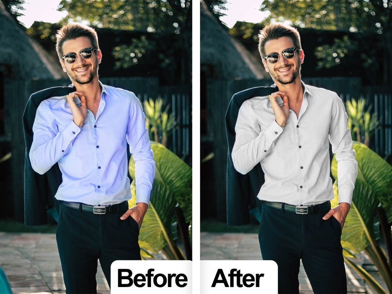 May include: A man wearing a light blue button-down shirt and black pants, with a dark jacket draped over his shoulder. The image shows a "Before" and "After" comparison. The "After" image shows the man wearing a white button-down shirt.