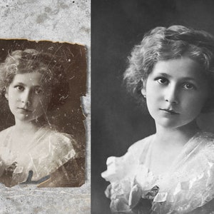 Pu&ograve; includere: Un ritratto in bianco e nero di una giovane donna con i capelli ricci. Indossa un abito bianco di pizzo e ha un'espressione seria sul viso.