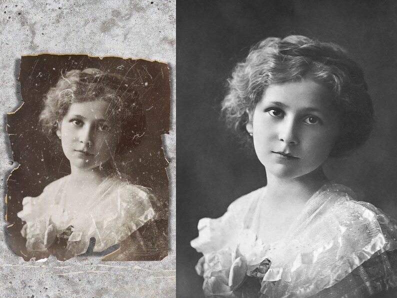 Pu&ograve; includere: Un ritratto in bianco e nero di una giovane donna con i capelli ricci. Indossa un abito bianco di pizzo e ha un'espressione seria sul viso.