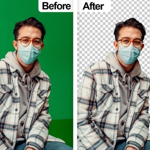 K&ouml;nnte beinhalten: Eine Person mit hellblauer Gesichtsmaske, braun umrandeter Brille, grauem Kapuzenpullover und einem wei&szlig;-schwarz-beigefarbenen karierten Hemd. Das Bild zeigt einen Vorher-Nachher-Vergleich der Hintergrundentfernung bei der abgebildeten Person.