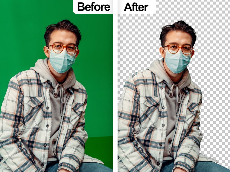 K&ouml;nnte beinhalten: Eine Person mit hellblauer Gesichtsmaske, braun umrandeter Brille, grauem Kapuzenpullover und einem wei&szlig;-schwarz-beigefarbenen karierten Hemd. Das Bild zeigt einen Vorher-Nachher-Vergleich der Hintergrundentfernung bei der abgebildeten Person.