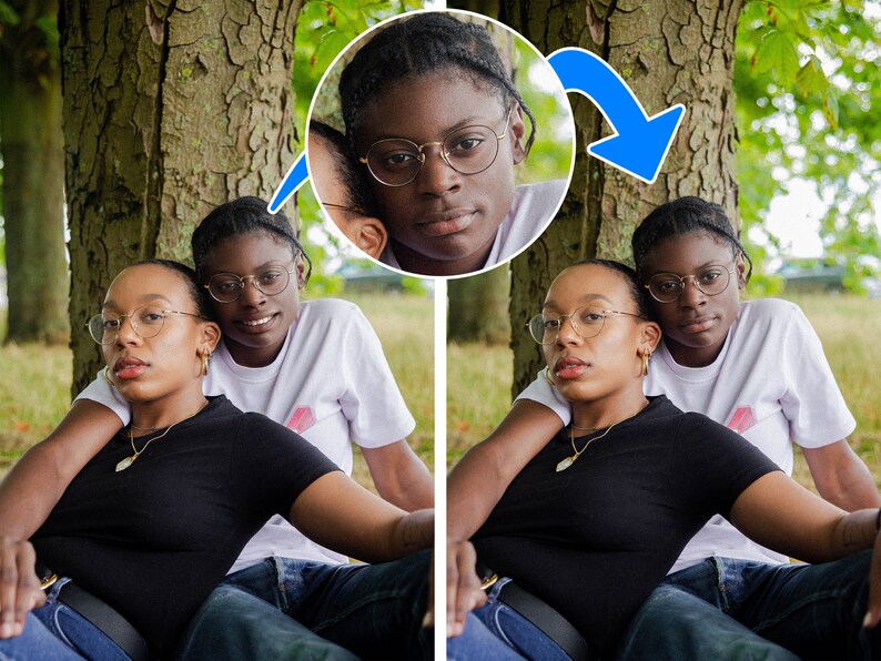 May include: Two people are seated outdoors, leaning against a tree. One wears a black top and the other a white t-shirt. Both wear glasses and have dark hair. A circular inset shows a close-up of one person's face.