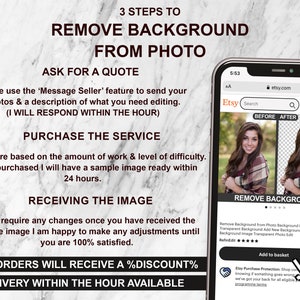 May include: A screenshot of an Etsy listing for a service that removes backgrounds from photos. The listing shows a before and after image of a woman wearing a checked shirt. The text on the listing says "Remove Background" and includes a description of the service. The listing also includes a call to action to add the service to the basket.