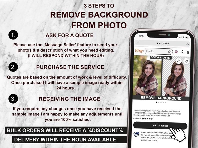May include: A screenshot of an Etsy listing for a service that removes backgrounds from photos. The listing shows a before and after image of a woman wearing a checked shirt. The text on the listing says "Remove Background" and includes a description of the service. The listing also includes a call to action to add the service to the basket.