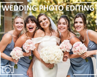 May include: A group of five smiling women, including a bride, holding bouquets of flowers. The bride wears a white dress and veil, while the bridesmaids wear blue dresses. The image has the text "WEDDING PHOTO EDITING" in the top left corner.