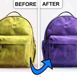 Może przedstawiać: Zdjęcie przed i po farbowaniu skórzanego plecaka. Plecak przed farbowaniem jest w kolorze żółtym, a po farbowaniu w kolorze fioletowym.