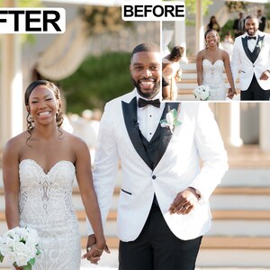 May include: A smiling couple, holding hands, walks toward the camera. The woman wears a strapless white wedding gown and carries a bouquet. The man wears a white tuxedo jacket with black lapels and a bow tie. The image has the text "AFTER" and "BEFORE".