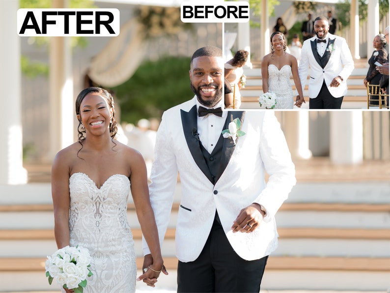 May include: A smiling couple, holding hands, walks toward the camera. The woman wears a strapless white wedding gown and carries a bouquet. The man wears a white tuxedo jacket with black lapels and a bow tie. The image has the text "AFTER" and "BEFORE".