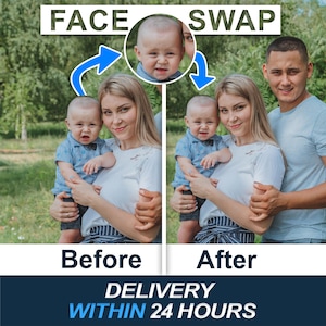 Könnte beinhalten: Eine digitale Grafik für einen Gesichtstausch-Service. Die linke Seite mit der Beschriftung Before zeigt ein Baby, eine Frau und einen Mann. Die rechte Seite mit der Beschriftung After zeigt die gleiche Gruppe mit ausgetauschtem Babygesicht. Text: FACE SWAP, DELIVERY WITHIN 24 HOURS.