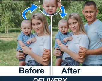 May include: A digital graphic showing a face swap service. The left side labelled Before shows a baby, a woman, and a man. The right side labelled After shows the same group with the baby's face replaced. Text includes FACE SWAP and DELIVERY WITHIN 24 HOURS.
