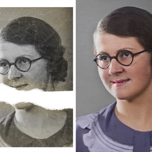 Puede incluir: Una foto en blanco y negro de una mujer con gafas, con una versi&oacute;n coloreada de la foto que se muestra en el lado derecho de la imagen.