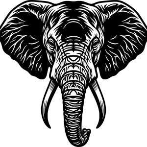 Puede incluir: Ilustración en blanco y negro de la cabeza de un elefante, vista de frente. El elefante tiene orejas grandes, colmillos prominentes y patrones intrincados en la trompa y la cara. Diseño gráfico para impresiones o logotipos.