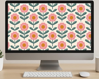 Retro Floral Desktop Wallpaper | Aesthetic Pink Flower Digital Background | Instant Download