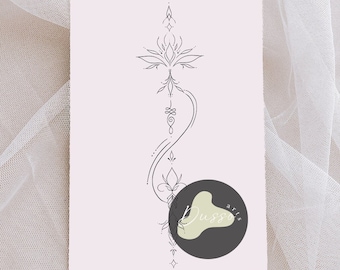 May include: A minimalist black line art design on a pink card. The design features floral and geometric elements, including a lotus flower, a cross-like shape, and a flowing line with decorative details. The card has a soft, textured background.