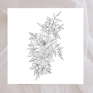 Tattoo Design for Women | Tattoo Drawing Stencil Outline | Ready to Download | Flower Feminine Tattoo Ideas |
