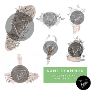 Puede incluir: Colecci&oacute;n de ejemplos de dise&ntilde;os de tatuajes con motivos florales y de serpientes, junto con otros elementos bot&aacute;nicos. Los dise&ntilde;os son en blanco y negro, con algunos acentos grises y beige. Tambi&eacute;n est&aacute; presente el texto "SOME EXAMPLES OF COVERUP AND REWORK I DID".