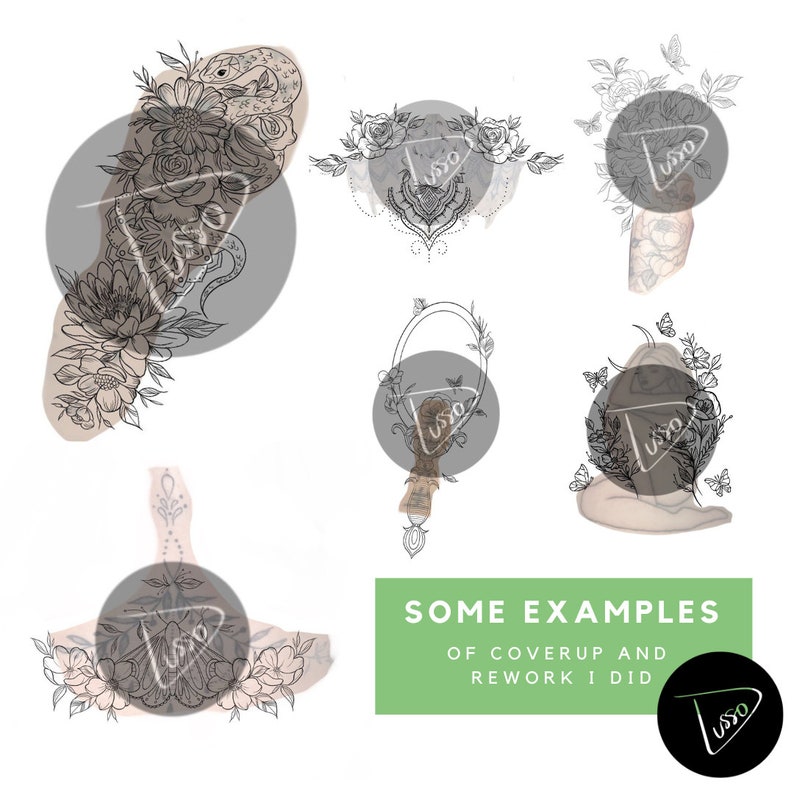 Puede incluir: Colecci&oacute;n de ejemplos de dise&ntilde;os de tatuajes con motivos florales y de serpientes, junto con otros elementos bot&aacute;nicos. Los dise&ntilde;os son en blanco y negro, con algunos acentos grises y beige. Tambi&eacute;n est&aacute; presente el texto "SOME EXAMPLES OF COVERUP AND REWORK I DID".