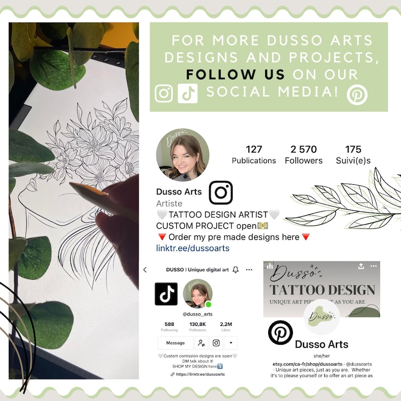 Puede incluir: Imagen de un dise&ntilde;o de arte digital con el texto "FOR MORE DUSSO ARTS DESIGNS AND PROJECTS, FOLLOW US ON OUR SOCIAL MEDIA!". La imagen incluye iconos de redes sociales y una foto de perfil.