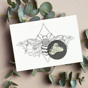 Tattoo Design for Women | Tattoo Drawing Stencil Outline | Ready to Download | Flower Feminine Tattoo Ideas | Underboob bee tattoo design