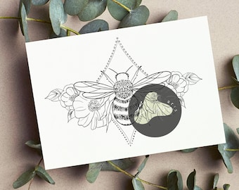 Tattoo Design for Women | Tattoo Drawing Stencil Outline | Ready to Download | Flower Feminine Tattoo Ideas | Underboob bee tattoo design