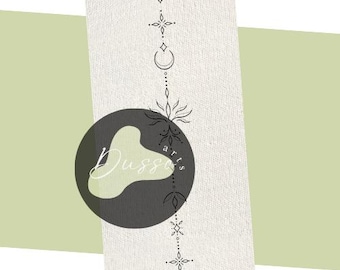 May include: A black and white illustration of a crescent moon, stars, and a stylised plant with the text "Dussa arts" in a circle.