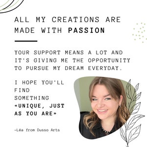 Puede incluir: Gr&aacute;fico blanco con texto: "ALL MY CREATIONS ARE MADE WITH PASSION." Texto adicional: "YOUR SUPPORT MEANS A LOT AND IT'S GIVING ME THE OPPORTUNITY TO PURSUE MY DREAM EVERYDAY." Incluye una foto de una mujer sonriendo.
