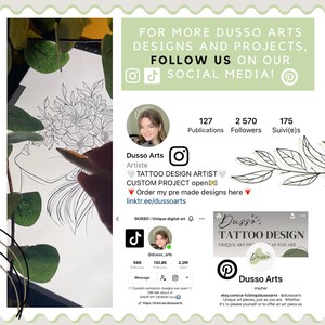 May include: A social media graphic for a tattoo design artist. The graphic features a black and white line drawing of a woman's face with flowers in her hair. The graphic also includes the artist's social media handles and a link to their website. The text on the graphic reads "Dusso Arts", "Tattoo Design Artist", "Custom Project Open", "Order my pre made designs here", "linktr.ee/dussoarts", "Dusso Tattoo Design", "Unique Art Pieces", "As You Are", "Dusso Arts", "etsy.com/ca-fr/shop/dussoarts@dussoarts", "Unique art pieces, just as you are. Whether it's to please yourself or to offer an art piece as"