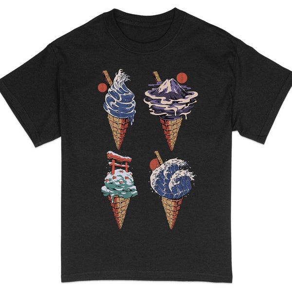 Unique Ice Cream Cone T-Shirt, Four Seasons Illustrations, Artistic Nature Graphic Tee, Unisex T-Shirt Design