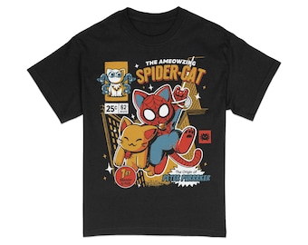 Retro Spider-Cat T-Shirt, Vintage Superhero Kitten Tee, Unisex Comic Book Style Shirt, Casual Geek Wear