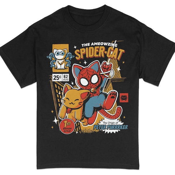 Retro Spider-Cat T-shirt, vintage superheld kitten t-shirt, unisex stripboekstijl shirt, casual geekwear