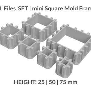 Puede incluir: Conjunto de seis marcos de molde cuadrado de plástico gris de diferentes tamaños. Los marcos tienen 25, 50 y 75 mm de altura. STL Files SET | mini Square Mold Frames HEIGHT: 25 | 50 | 75 mm