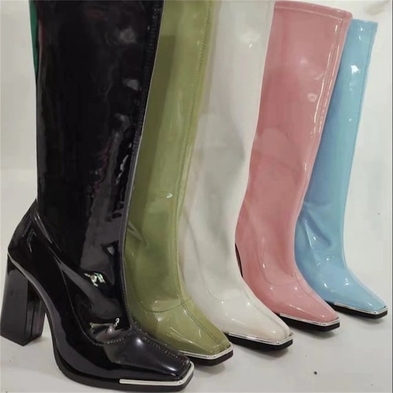 Vintage Style Gogo Patent Boots, Latex Boot High Heels, Y2k Mid Calf Anime Fake Leather, Girlie Girly Aesthetic Costume 70s 80s