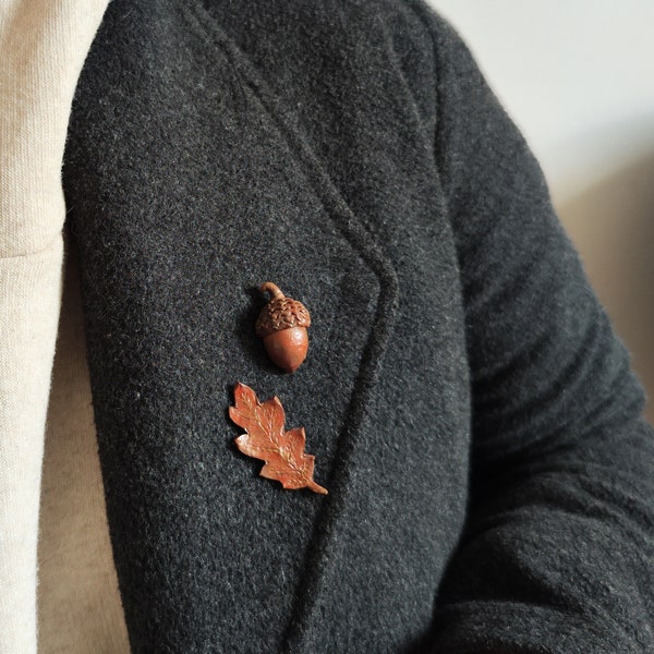 Conjuntos de alfileres de hoja de bellota y roble, alfiler de broche marrón, broche de hoja, broche hecho a mano, broches de diseño, alfileres de bellota