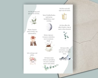 Card with positive affirmations for more self-love and self-confidence, A6 format
