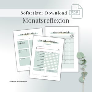 Może przedstawiać: Pobieralny plik PDF do wydrukowania, zawierający miesięczny dziennik refleksji. Dziennik zawiera sekcje na miesięczne ulubione, śledzenie samoopieki, miesięczny przegląd i miesięczną refleksję.