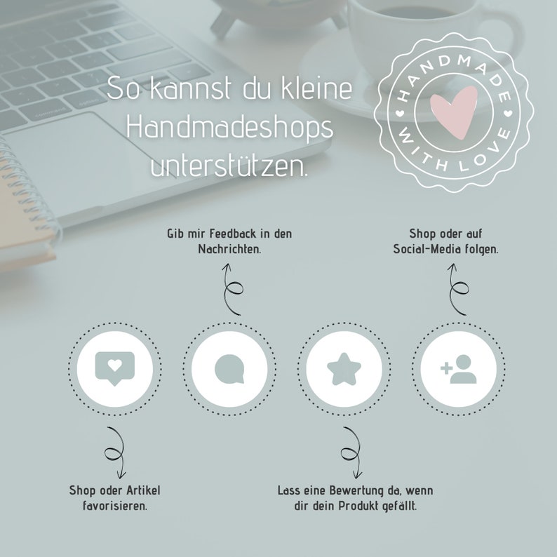 May include: A graphic with the text "So kannst du kleine Handmadeshops unterst&uuml;tzen." and a heart with the text "Handmade with Love". The graphic shows five ways to support small businesses: give feedback, shop or favorite items, leave a review, shop or follow on social media.